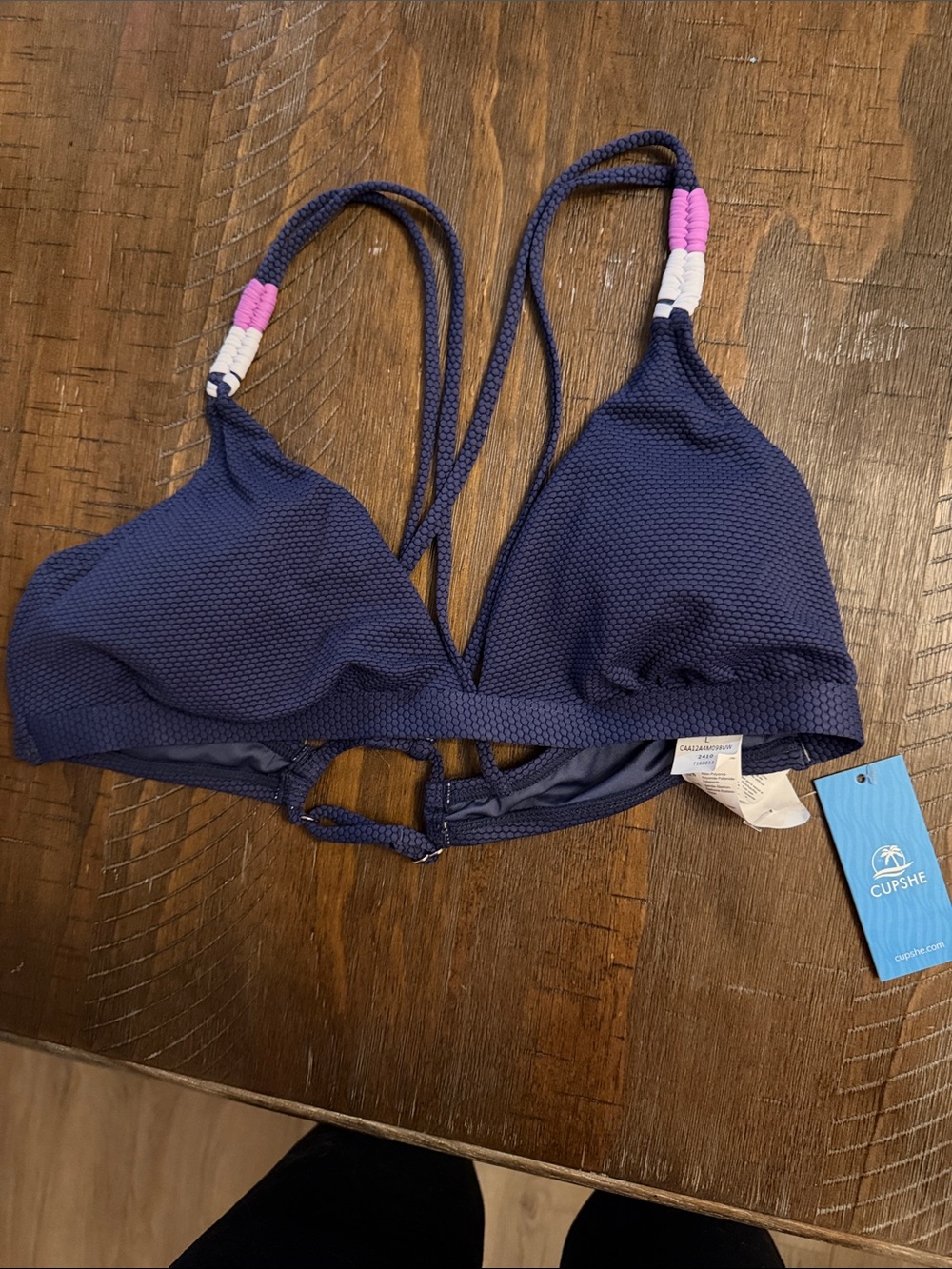 Cupshe Navy Triangle Bikini Top with Pink Strap Accents